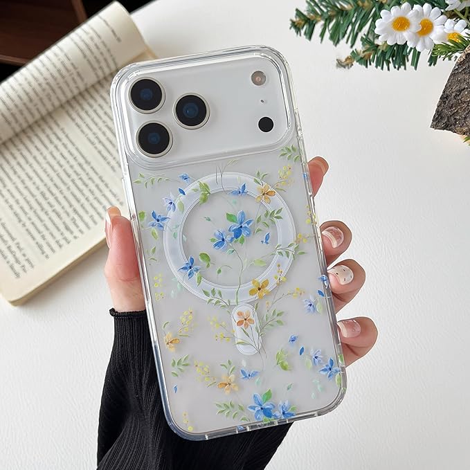 ZTOFERA for iPhone 17 Pro Max Magnetic Case Compatible with Magsafe,Aesthetic Floral Pattern Design Cute for Girl Women,Anti-Drop Protective Hard Phone Cover for iPhone 17 Pro Max-Blue Flower