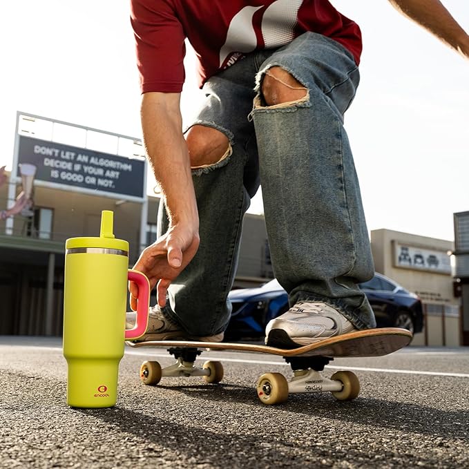 40 oz Tumbler with Handle and Straw: Stainless Steel Insulated Tumbler Keeps Cold for 24 Hours, Leakproof Travel Cup Fits in Cup Holder and BPA-Free, Acid Green