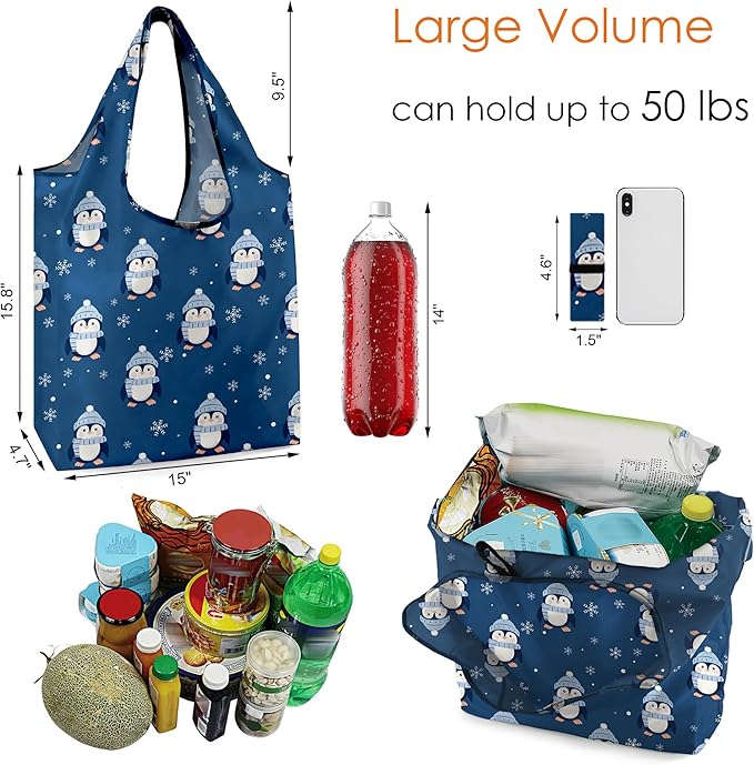 BeeGreen Christmas Reusable Grocery Bags with Zipper Storage Pouch 6 Pack Peguins Reusable Shopping Bags Bulk with Elastic Band Foldable-Machine Washable Christmas Gifts Tote Bags