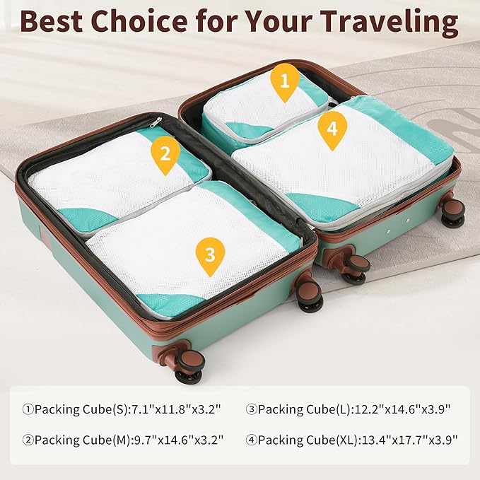 Merax Luggage Sets with Compression Packing Cubes, Hardside Expandable 4 Piece Suitcase Set with Spinner Wheels, Durable Lightweight Luggage with TSA Lock-16+20+24+28,Light Green