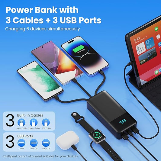 Portable Charger 50800mAh Power Bank with 3 Built-in Cable,25W PD USB C in&Out Power Bank Fast Phone Charging,QC4.0 LED Display Portable Battery Pack Compatible with iPhone 16/15, Galaxy Android-Black