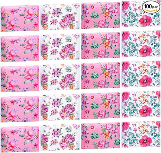 PerKoop 100 Pack Pocket Tissues Travel Slim Packs Small Facial Tissues Wallet Size Toilet Paper for Travel Guest Wedding Supplies, 4 Styles(Flower Travel)