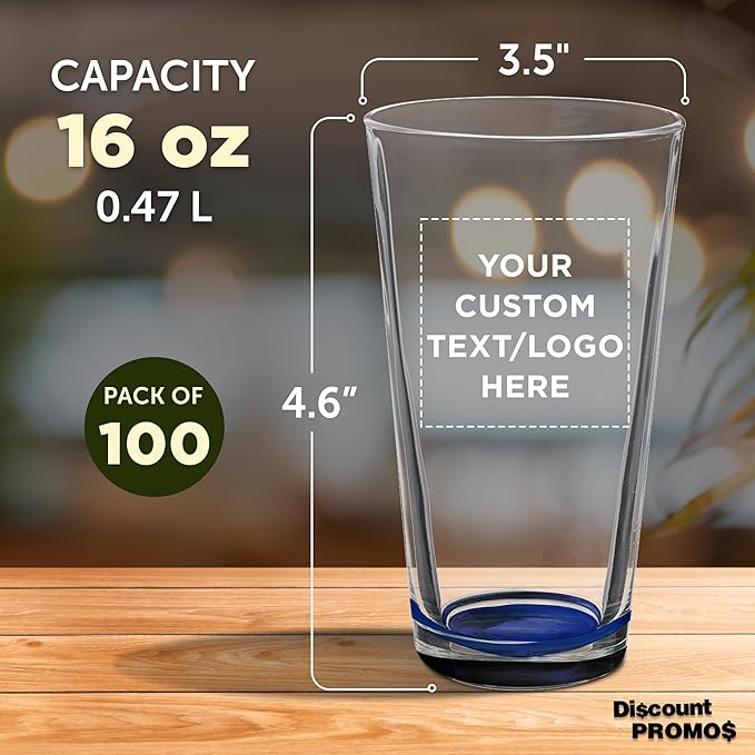 Custom Casale Pint Glass 16 oz. Set of 100, Personalized Bulk Pack - Beer Glasses, Heavy Duty Drinkware - Blue