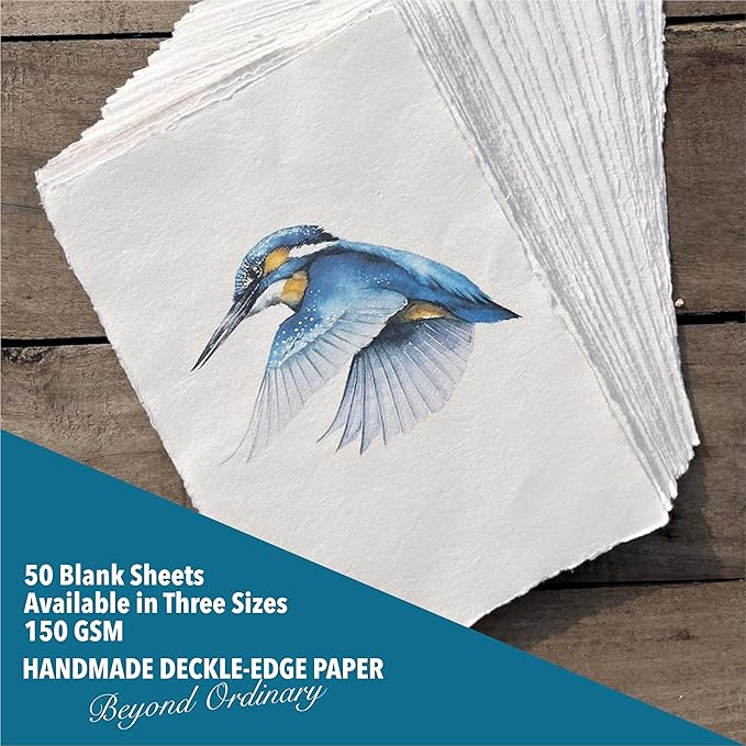 Wanderings Handmade A4 Cream Mixed Media Paper with Deckle Edge - 8.25x11.7-150 GSM - 50 Sheets Colored Cold Press Textured Paper Made with Recycled Cotton for Invitations Crafts Writers Watercolor