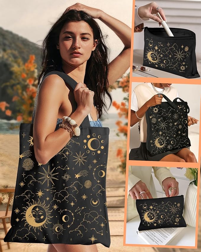 2 Pack Canvas Tote Bag - with Makeup Pouch Aesthetic Cute Women Reusable Canvas Bag for Shopping, Work, Travel