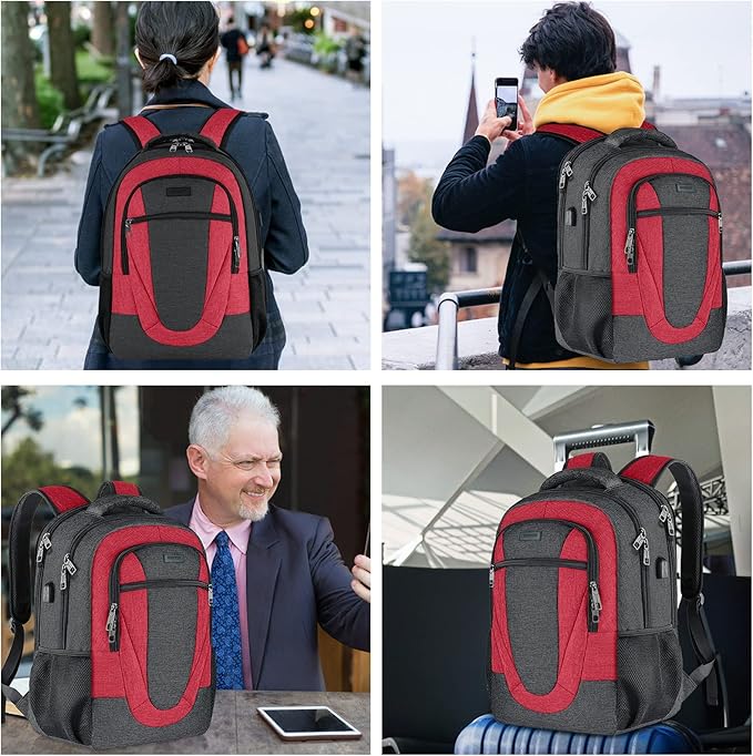 Travel Laptop Backpack for Woman and Men, School Backpack for Teens with USB Charging Port, Waterproof College Back Pack for 15.6 IN Laptop Backpack, Adult Business Computer Travel Backpack, BlackRed