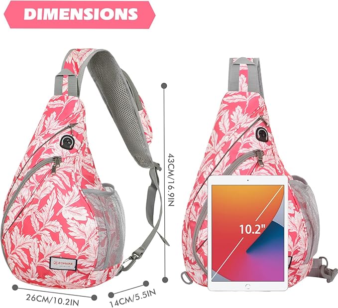 ZOMAKE Sling Bag,Small Crossbody Sling Backpack,Water Resistant Shoulder Daypack for Travel,Anti Thief Chest Bag for Hiking(Fushcia White Leaf)