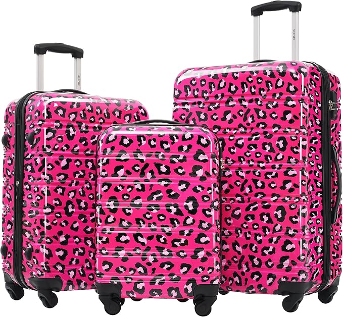 Merax Luggage Sets 3 Piece, Hardside Expandable Suitcase Set with Spinner Wheels, Lightweight Leopard Luggage 20+24+28 IN, Leopard Hot Pink