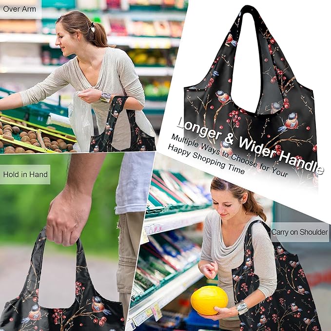 BeeGreen Birds Lover Gifts for Women Animals Reusable Grocery Bags Shopping Bags Bulk 6 Pack 50LBS X-Large Foldable Hummingbird Swan Robin Owls Parrots