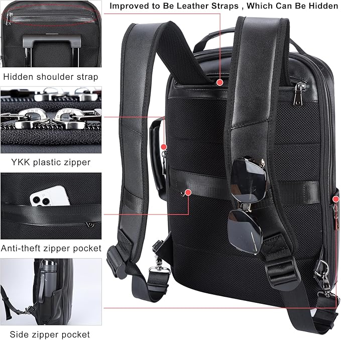 Masa Kawa Slim Leather 15.6" Laptop Backpack for Men Convertible Briefcase Backpacks Expandable Black Business Work Bag Slim Travel Daypack