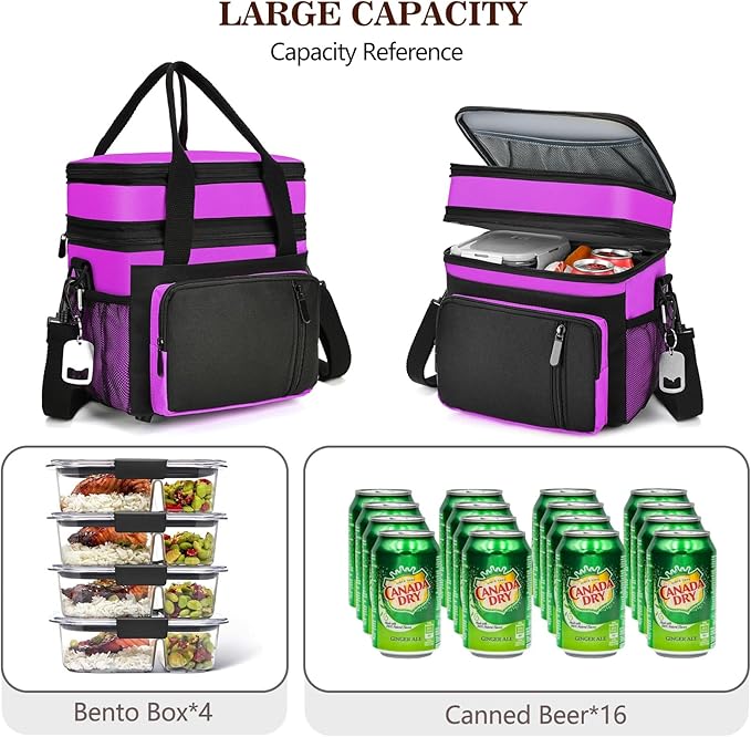 LOKASS Lunch Bag & Lunch Box for Men Women - Double Deck Expandable Insulated Waterproof Leakproof Cooler Bag for Work/Picnic - Purple