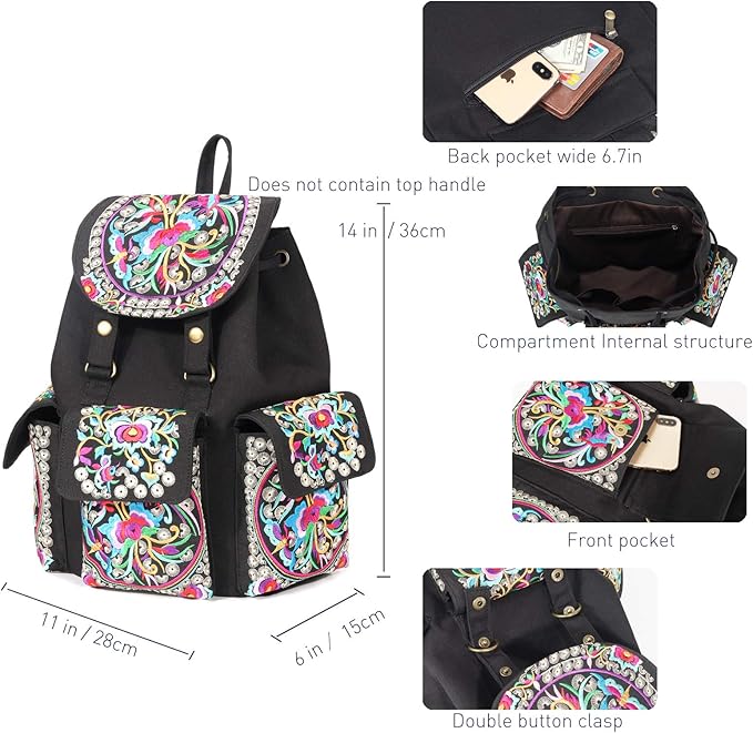 SILKAREA Vintage Embroidered Backpack Purse for Women Handbag Canvas Shoulder Bag Ethnic Boho Travel Backpack (Black S2) Large