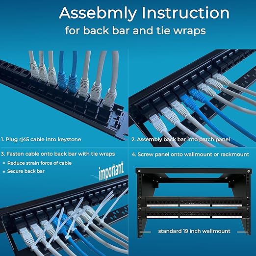 Rapink Patch Panel 24 Port Cat6A with Inline Keystone 10G Support, Pass-Thru Coupler UTP 19-Inch with Removable Back Bar, 1U Network Patch Panel for Cat6a,Cat6, Cat5e, Cat5 Cabling