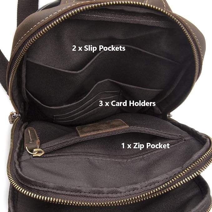 Vintage Full Grain Leather Sling Bag for Men, Crossbody Shoulder Chest Travel Hiking Daypacks Bag for 11 inch iPad, Brown