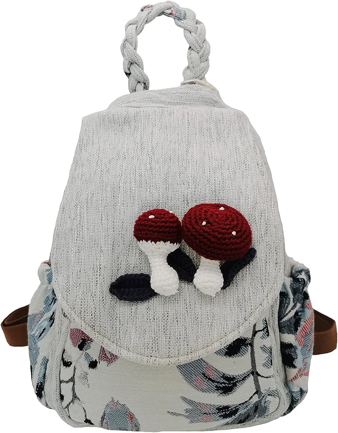 HUANGGUOSHU Women Cotton Woven Bohemian Hemp Boho Canvas Embroidery Multi Pocket Retro Cute Backpack Wallet Backpack（Mushroom）