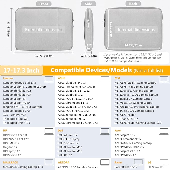 HYZUO 17-17.3 Laptop Sleeve Bag Set for 17" 17.3" HP/Lenovo/Dell/ASUS/LG/Toshiba/MSI Gaming Laptop/Razer Blade 17/18, Notebook Protective Case for Men Women, Light Gray