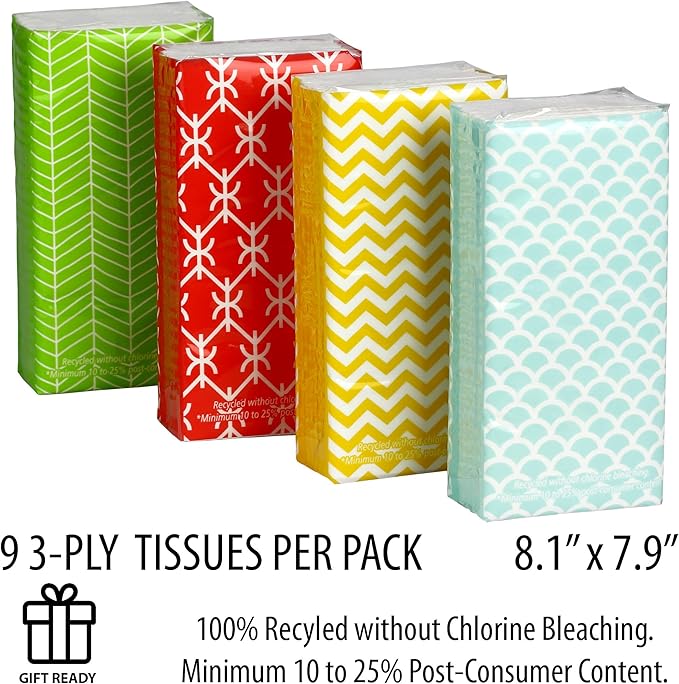 Funwares White Facial Travel Tissue Packs, Non-Bleach, Chlorine-Free, Compact Pocket Tissues for Car, Purse, School, Work, On-the-Go Tissue Packs, Geometric Design, 24 Packs, 216 Tissues, 3-Ply Sheets