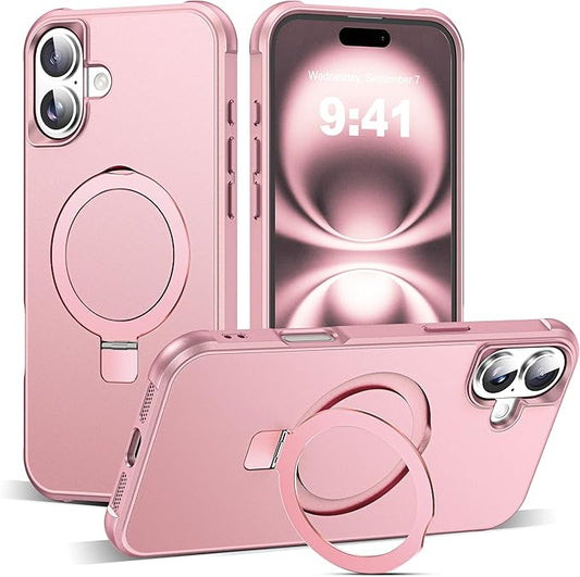 Compatible with iPhone 16 Plus Case with Invisible Magnetic O-Ring Stand Military-Grade Case for iPhone 16 Plus 6.7" [Compatible with Mag-Safe][Great Grip Feeling], Rose Gold