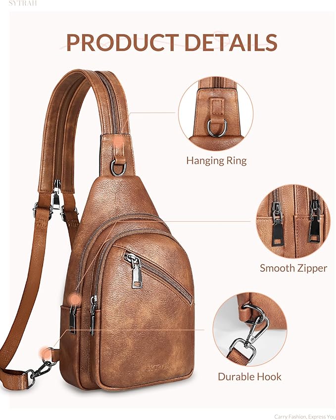 Sling Bag for Women, Crossbody Bags for Women Trendy Crossbody purse Vegan Leather Sling Backpack Chest Bag with Dual Purpose Strap, Mocha Brown