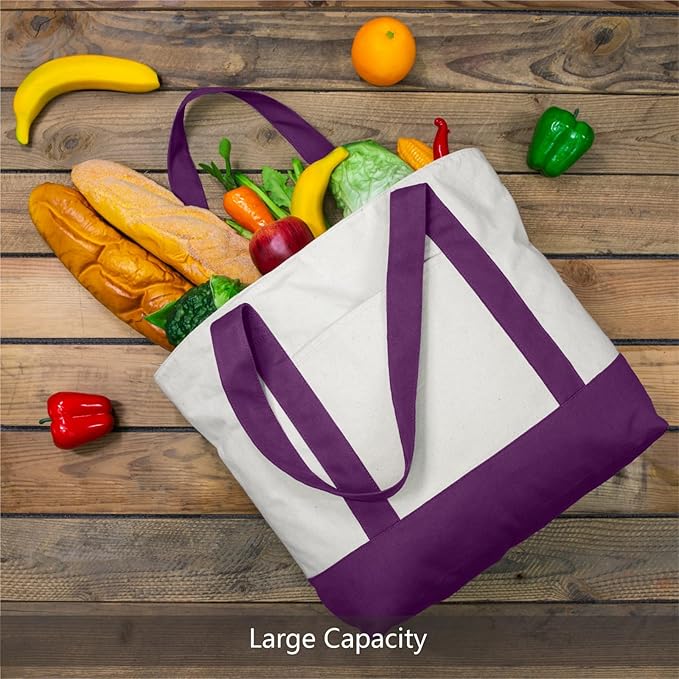 TOPDesign 6-Pack Canvas Tote Bags with an External Pocket, Reusable Grocery Shopping Bags, Top Zipper Closure, Daily Essentials (Purple/Natural)