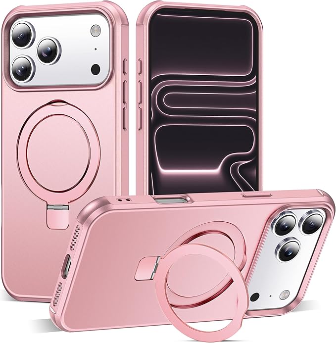 Compatible with iPhone 17 Pro Max Case with Invisible Magnetic O-Ring Stand Military-Grade Phone Case for iPhone 17 ProMax 6.9" [Compatible with Mag-Safe][Great Grip Feeling], Rose Gold