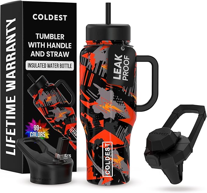 Coldest Tumbler with Handle and Straw - 100% Leak Proof Insulated Tumbler with Lid and Straw (3 Lids) - Stainless Steel Tumblers for Women & Men - Cup Holder Friendly Base, 36 oz (Savage Red)