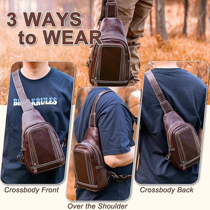 Genuine Leather Sling Bag for Men and Women Crossbody Shoulder Bag Sling Backpack Chest Purse Cross Body Pouch