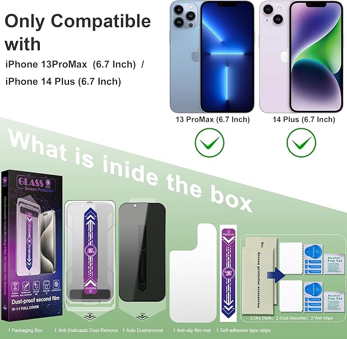 2 Pack Privacy Screen Protector for iPhone 13 Pro Max and iPhon 14 Plus 6.7-Inch Auto Dust Removal, No Bubbles,Anti-Spy Tempered Glass Film, Easy Installation