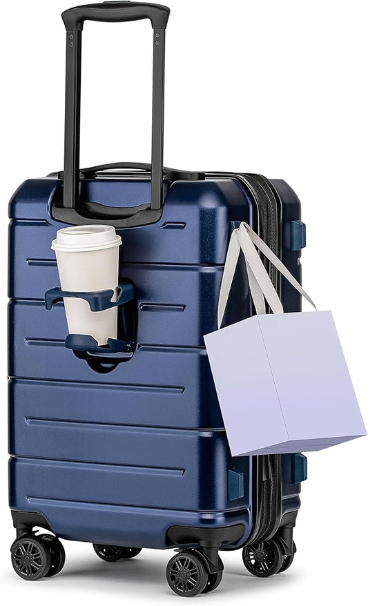 KYME Hardside Expandable Carry On Luggage 22x14x9 Airline Approved 20 Inch Hardshell Carry On Suitcase with Wheels TSA Lock Small Travel Rolling Luggage with Cup Holder for Women Men Navy