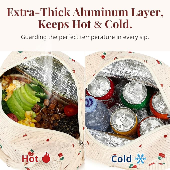 Insulated Cherry Lunch Bag for Women, Stylish Corduroy Tote with Aluminum Lining, Large Capacity Reusable Cooler for Work, Travel, Beach or Picnic, Beige Cream Water-Resistant Lunch Box