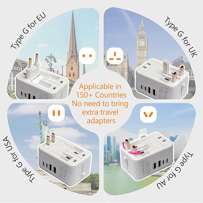Universal Travel Plug Adapter Worldwide with 2 USB C and 2 USB A Ports, Travel Accessories Travel Charger International Travel Adapter Plug Travel Essentials USA to UK Europe Australia (White, 17W)