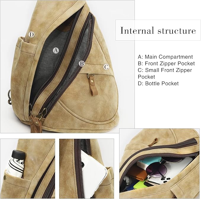 KL928 PU Leather Sling Bag - Small Crossbody Backpack Shoulder Casual Daypack Rucksack for Men Women Outdoor Cycling Hiking Travel (6881-PU-L.Coffee)