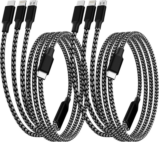 USB C Multi Charging Cable [2Pack 4FT], 3 in 1 Charging Cable Nylon Braided USB-C Multiple Charger Cord with Type-C, Micro USB and IP Port for iPhone 16/15 Series/Cell Phones and More