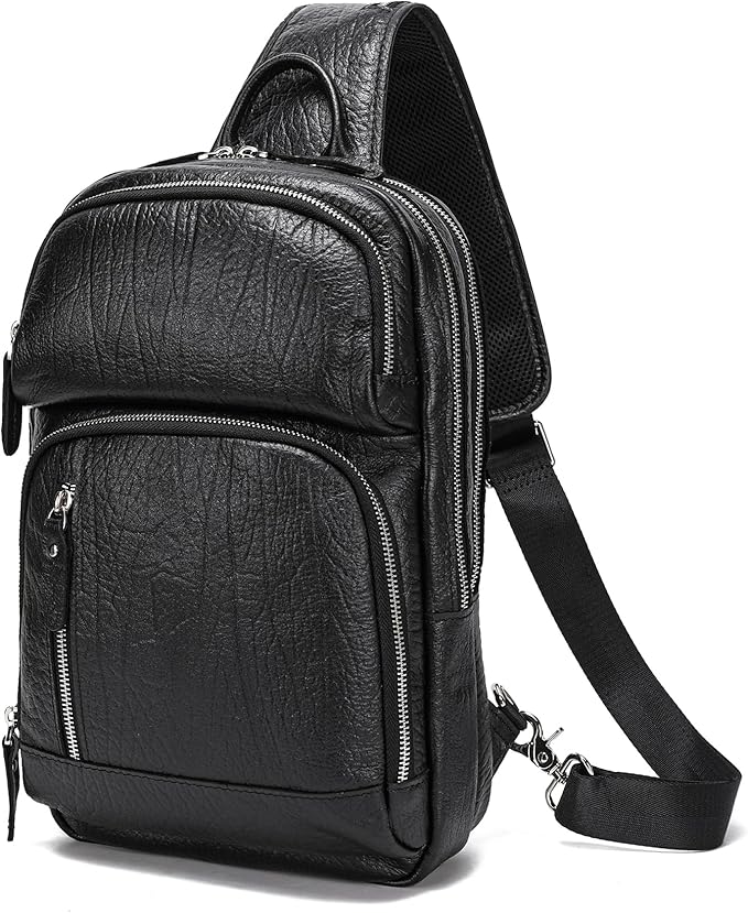 LANNSYNE Full Grain Leather Sling Bag For Men, Crossbody Bag fits 12.9" iPad Crossbody Chest Daypack