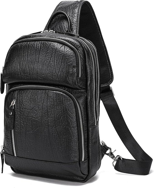 LANNSYNE Full Grain Leather Sling Bag For Men, Crossbody Bag fits 12.9" iPad Crossbody Chest Daypack