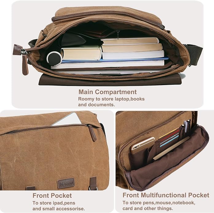 Canvas Messenger Bag for Men Women,Travel Satchel Shoulder bag 15.6 Inch Laptop Bag briefcase Business