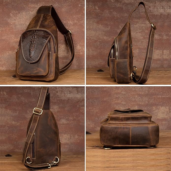 Genuine Leather Sling Bag for Men Women Backpack Chest Shoulder Satchel Crossbody Bags Casual Outdoor Daypack