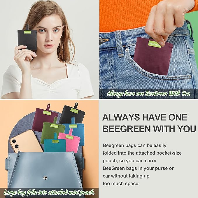 BeeGreen Colorful Kitchen Reusable Grocery Bags - Heavy Duty Foldable Polyester Shopping Bag With Handles, Bulk Travel Tote Bag with Pockets for Women Cloth Reusable Gift Bags