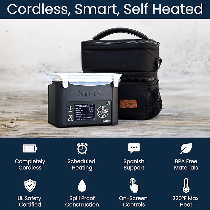 LunchEAZE Pro Cordless Heated Lunchbox – Battery-Powered, 4-Cup Capacity, 220°F Max, Automatic Scheduled Heating, Insulated Bag Included for Hot Meals Anywhere