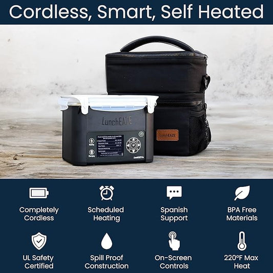 LunchEAZE Pro Cordless Heated Lunchbox – Battery-Powered, 4-Cup Capacity, 220°F Max, Automatic Scheduled Heating, Insulated Bag Included for Hot Meals Anywhere