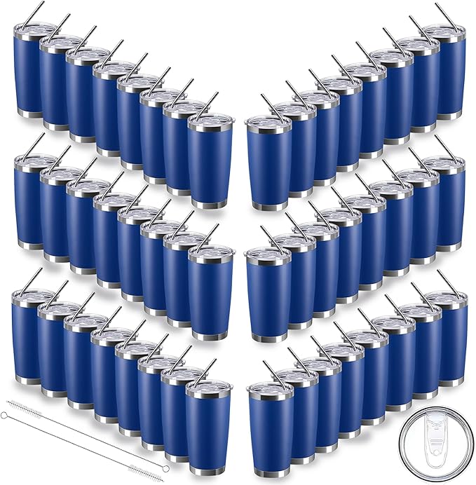 20oz insulted tumblers stainless steel cup Tumbler Bulk with push Lid, and metal straw powder coated coffee cup for cold and hot drinking (48, dark blue)