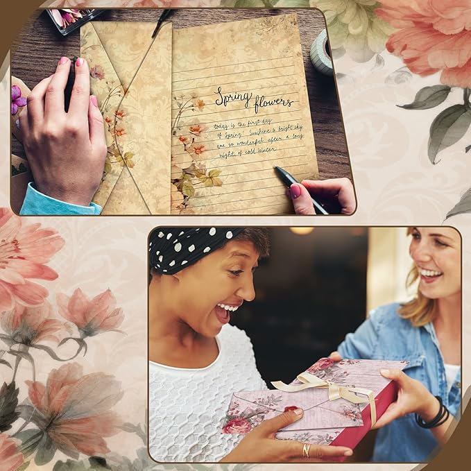 TaoBary 160 Pcs Stationery Paper Set 50 Double Sided Stationery Papers with 50 Matching Envelopes and 60 Round Dot Sticker, 10 Design(Vintage Floral,8.5 x 11 Inch)