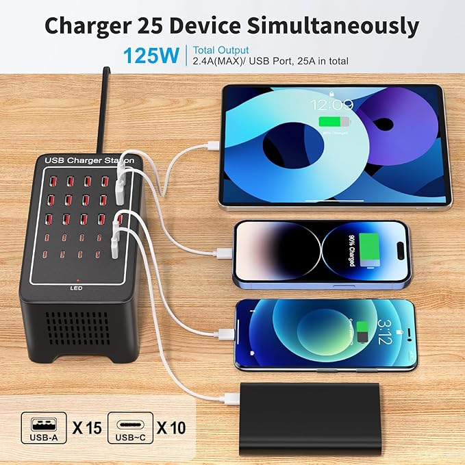 USB~C Charger Block, 125W(25A) 25 Port (15 USB A & 10 USB~C Port) Multiple Charging Station, Desktop Wall Charger Compatible with iPhone, iPad, Tablets, Smartphones