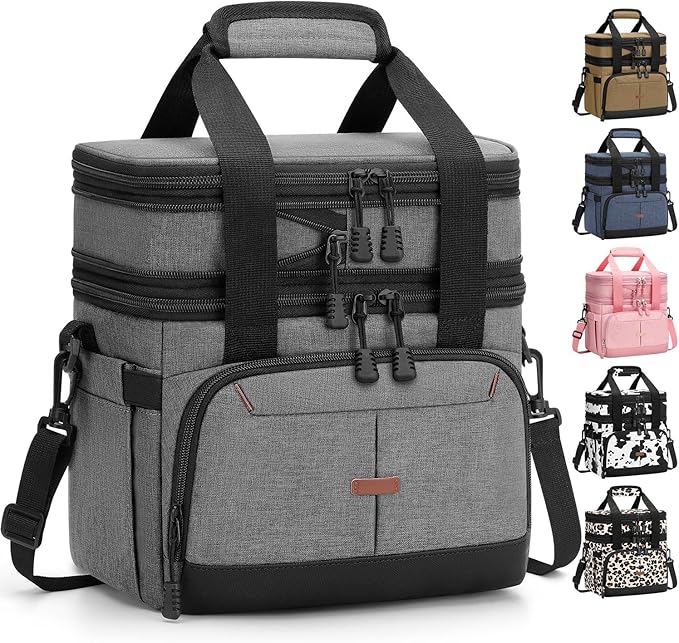 Lunch Box for Men Women Double Deck Insulated Lunch Bag for Men Woman Leakproof Expandable Cooler Bag with Adjustable Shoulder Strap for Work Picnic School(Gray‌,16L)