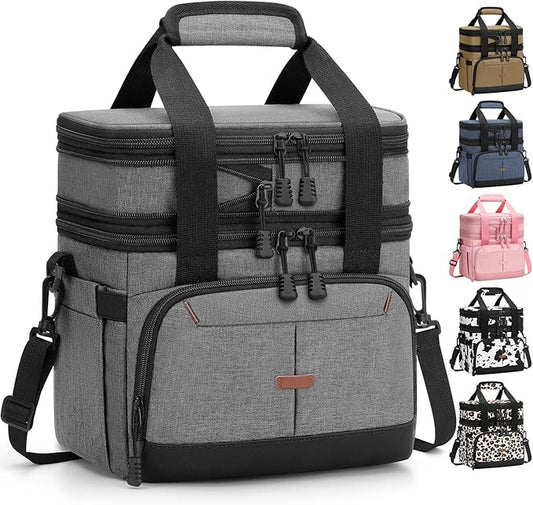 Lunch Box for Men Women Double Deck Insulated Lunch Bag for Men Woman Leakproof Expandable Cooler Bag with Adjustable Shoulder Strap for Work Picnic School(Gray‌,16L)