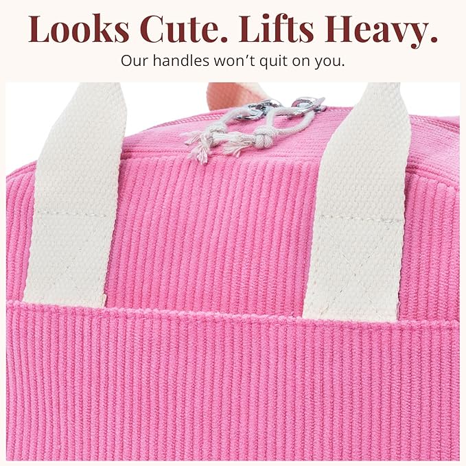 Insulated Vintage Pink Lunch Bag for Women, Stylish Corduroy Tote with Aluminum Lining, Large Capacity Reusable Cooler for Work, Travel, or Beach, Beige Cream Water-Resistant Lunch Box