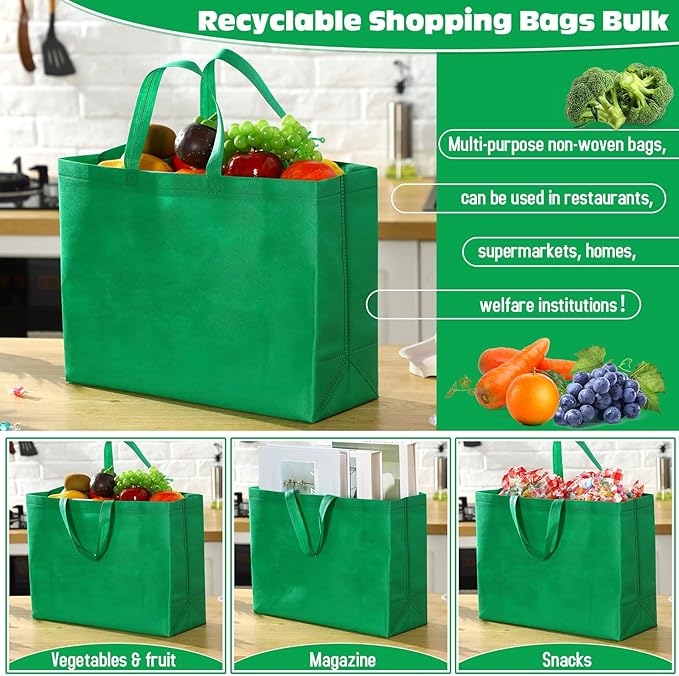 Windyun Reusable Grocery Bags Large Non Woven Shopping Bags with Handles Foldable Portable Tote Bulk, 16x6x12 Inch