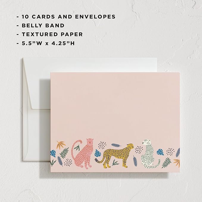 Minted Sweet Tropical Stationery Set, Set of 10, Flat Note Cards & Envelopes for Invitiations and Handwritten Thank You Messages, Jungle Cats & Foliage Design, Gifts for Teachers, Luxurious Paper