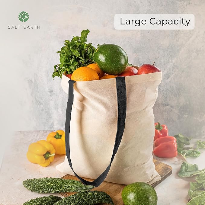 Salt Earth Pack of 5 | 6 | 12 | 24 | 48 – 100% Cotton Reusable Tote Bags – Bulk Grocery, Shopping, DIY, Beach & Gift Use