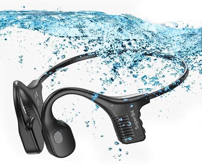 IPX8 Waterproof Bone Conduction Headphones Swimming Underwater Bluetooth Headsets with MP3 Player Open Ear Headsets with Mic Wireless Earphones Built-in 32GB Memory for Running Cycling Gym Workouts